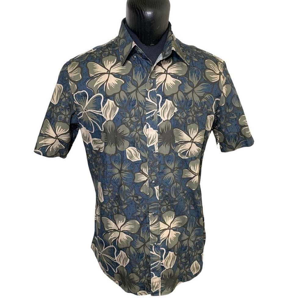 Hudson North Tropical Floral Blue Tan Casual Button Up Shirt Short Sleeves L